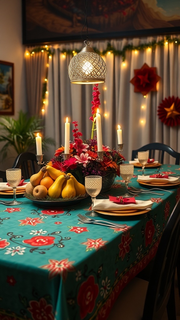 Filipino Christmas Table Settings A festive Filipino Christmas table setting with colorful decorations, local fruits, and soft lighting.